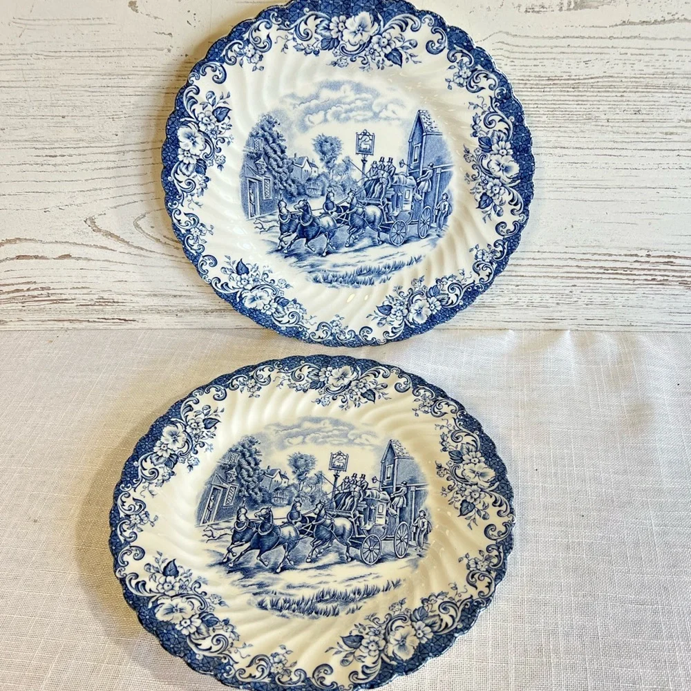 Vintage Johnson brothers dinner plates coaching scenes blue white replacement